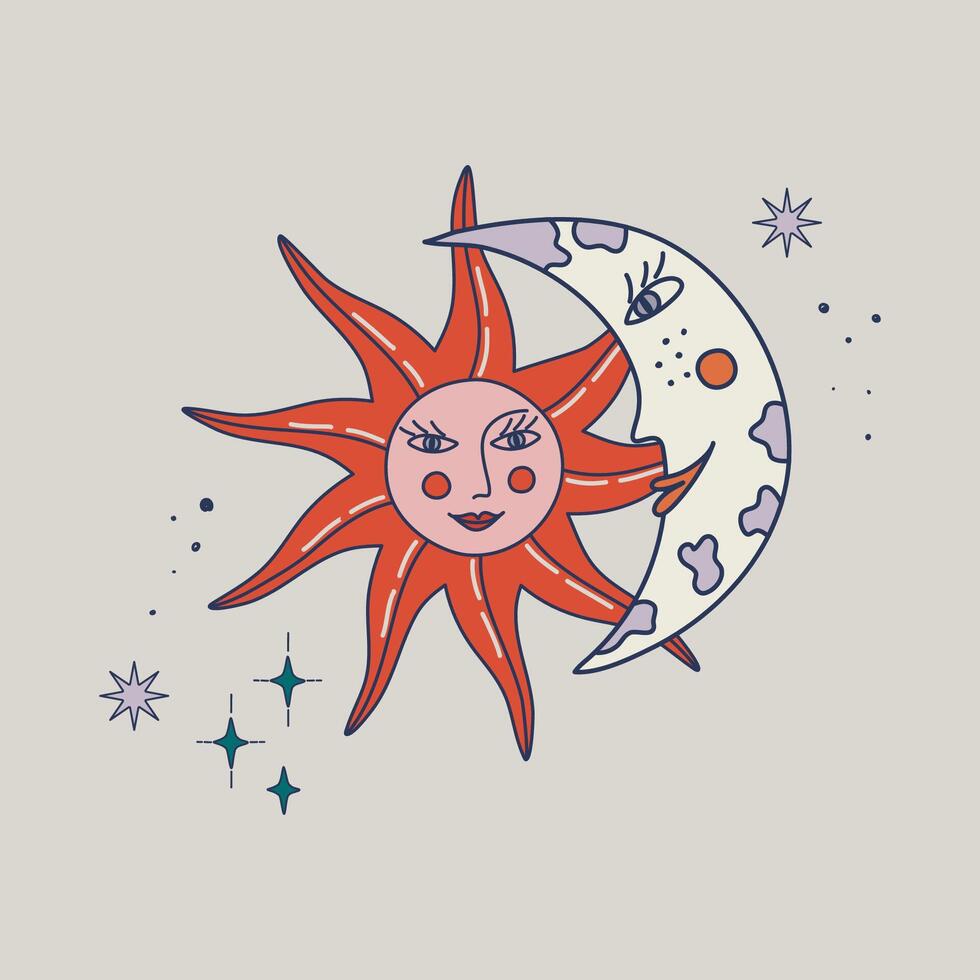 lua e Sol rostos. rabisco espaço impressão dentro caprichoso boho estilo. brilho do sol e crescente cósmico símbolos. gráfico ilustração para poster, folheto, tatuagem, cobrir Projeto. vetor