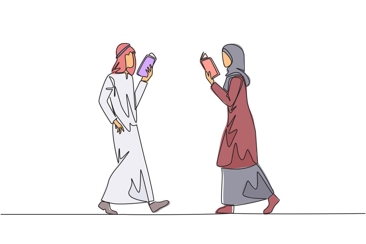 solteiro contínuo linha desenhando árabe homem mulher caminhando face para face lendo livros. gesto do memorizando alguma coisa a partir de uma livro. viciado para leitura. livro festival. 1 linha Projeto ilustração vetor