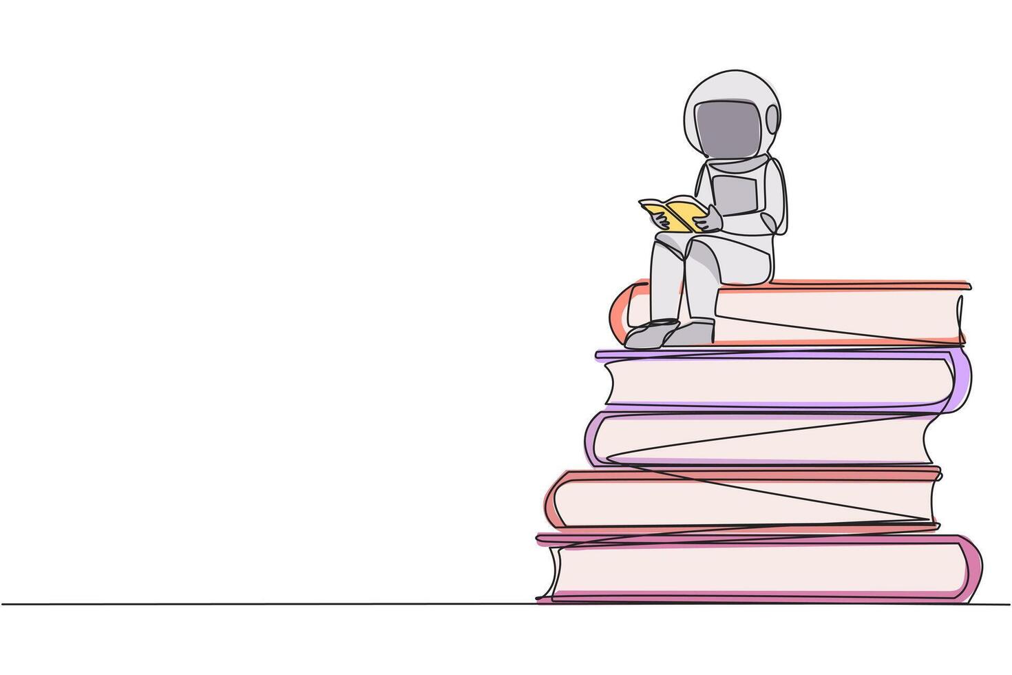 solteiro 1 linha desenhando astronauta sentado em pilha do livros lendo livro. Alto interesse dentro leitura. abertura horizonte do pensamento. espaço livro festival conceito. contínuo linha Projeto gráfico ilustração vetor