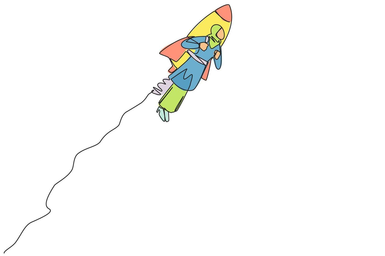 solteiro contínuo linha desenhando árabe empresária vôo com foguete. desejo para levar a o negócio para a céus. bem sucedido empreendedor. a ótimo empresária. 1 linha Projeto ilustração vetor