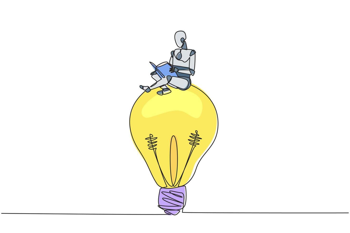solteiro contínuo linha desenhando robô sentado em grande lâmpada elétrica. ler com foco e sério. metáfora olhando para brilhante idéia a partir de científico livro. livro festival. 1 linha Projeto ilustração vetor