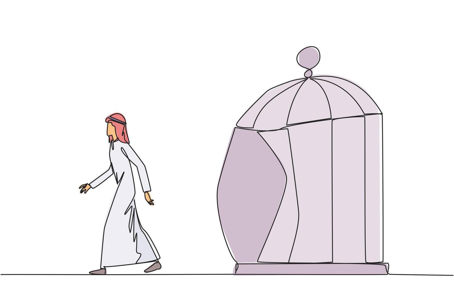 solteiro 1 linha desenhando árabe homem de negocios preso dentro cela e caminhando penetrar a jaula. metáfora procurando Novo desafios e experiências para Melhor futuro. contínuo linha Projeto gráfico ilustração vetor