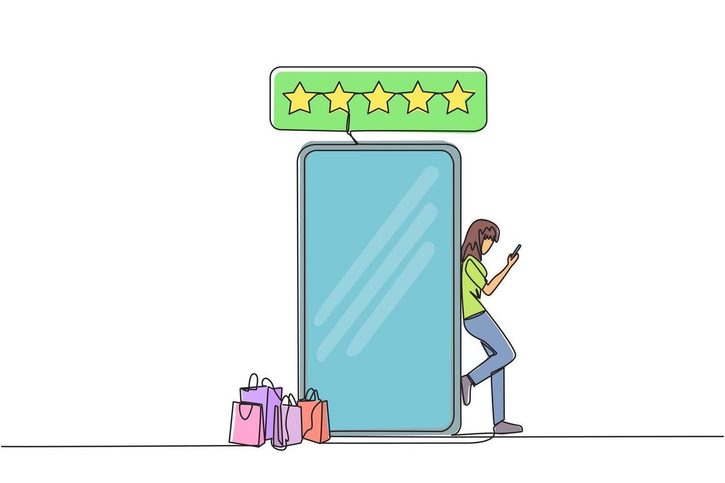 solteiro contínuo linha desenhando jovem feliz sorridente mulher inclinado em gigante Smartphone enquanto digitando em Smartphone. conceito do conectados fazer compras. Reveja cinco ouro estrelas. 1 linha Projeto ilustração vetor