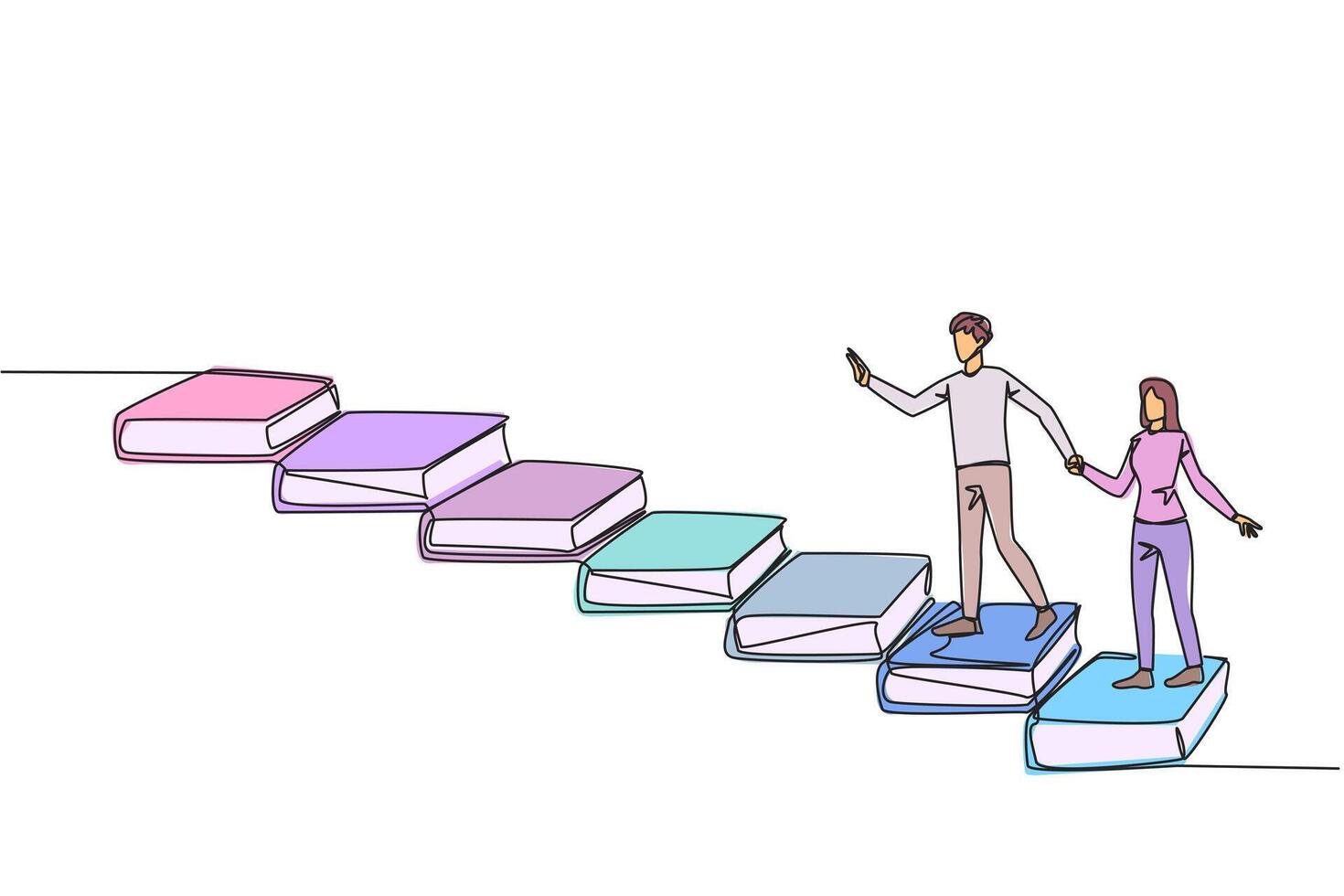 contínuo 1 linha desenhando homem mulher escalar escadas a partir de livros. lendo aumenta conhecimento que pode aumentar a dignidade do Melhor vida. livro festival conceito. solteiro linha Projeto ilustração vetor