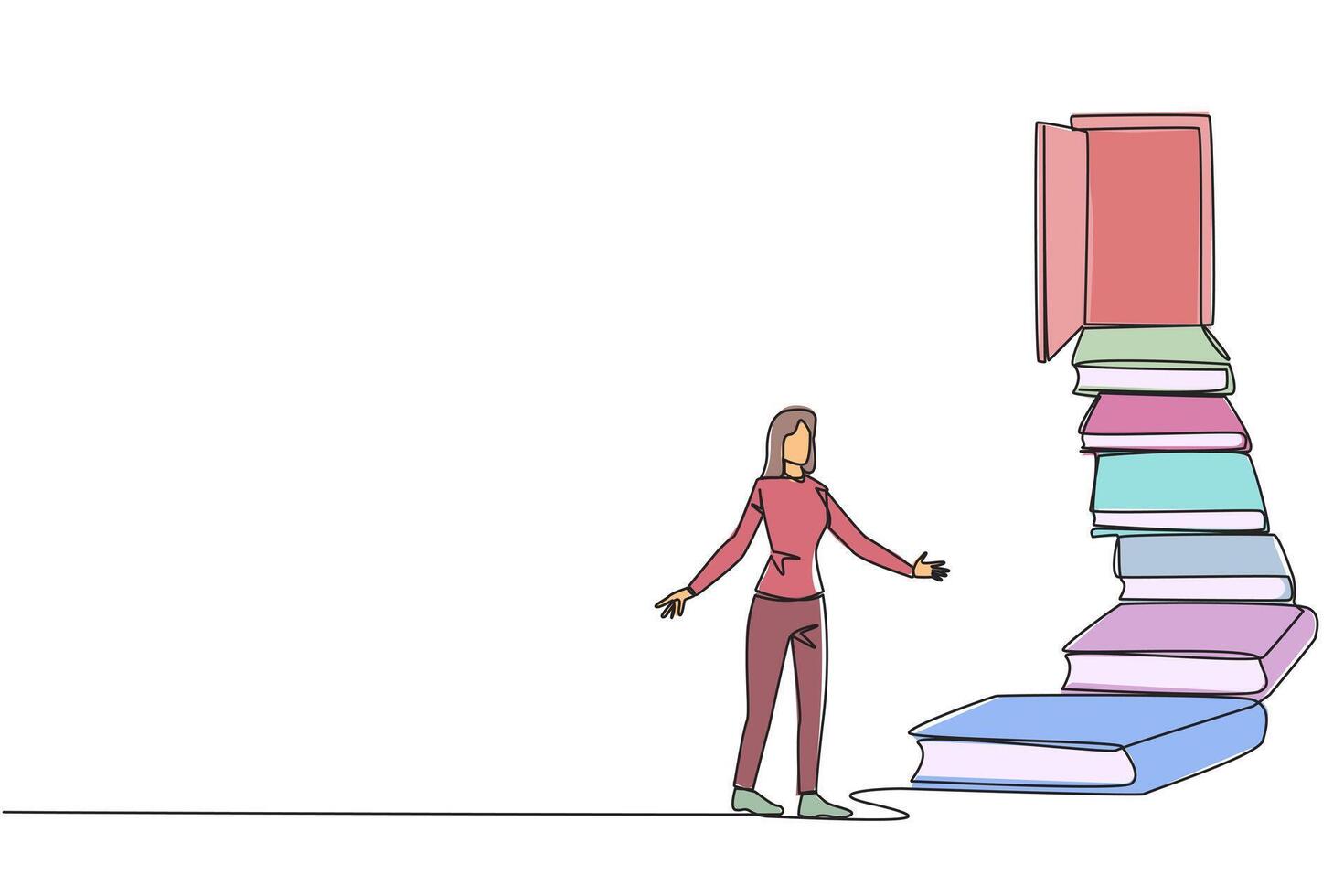 solteiro 1 linha desenhando mulher escalar a escadas a partir de a livro pilha. para a Largo aberto porta. metáfora do achando a respostas a partir de livros. livro festival. contínuo linha Projeto gráfico ilustração vetor