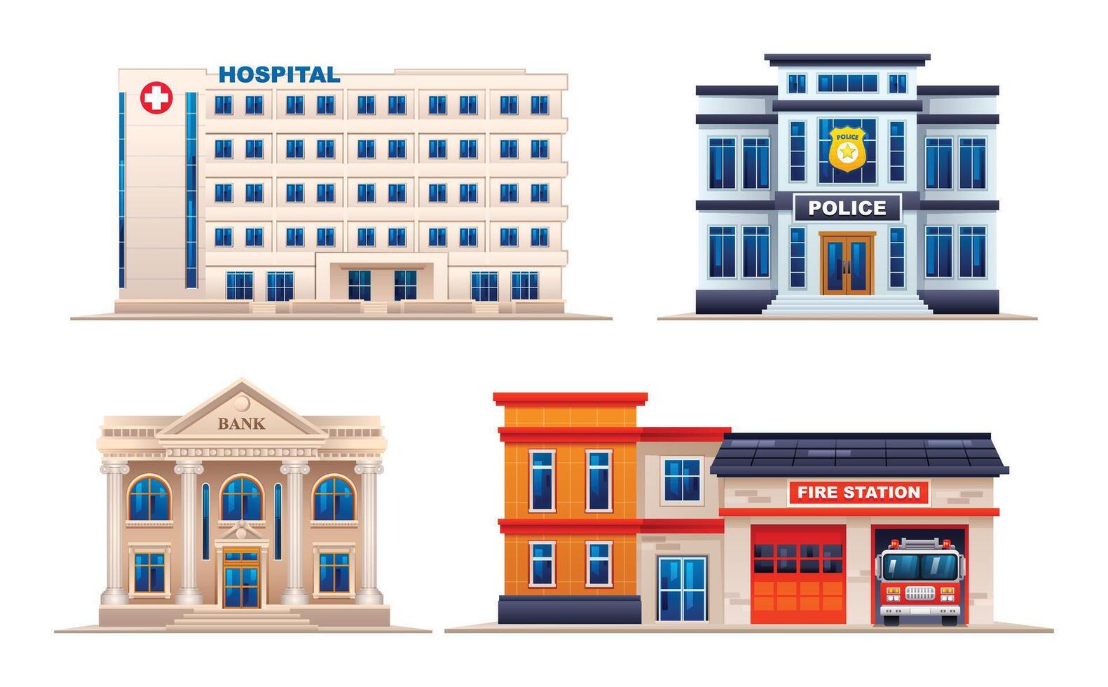 conjunto do cidade edifícios ilustração. hospital, polícia estação, banco e fogo estação vetor