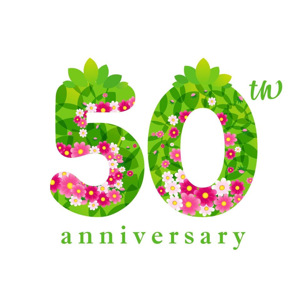 50 aniversário verão logotipo. criativo número 5 e 0 0 com verde folhas e flores 3d elementos. fofa floral fundo com recorte mascarar. lindo clipart. feriado conceito. jubileu ideia. vetor