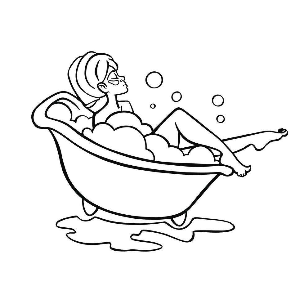 relaxado mulher deitado às banho banheira com face mascarar e bolhas espuma. mulher levando uma banho.bolha banho dia. ilustração vetor
