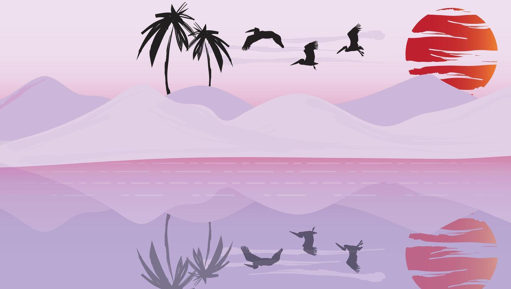 pássaros em céu às a pôr do sol Tempo e montanhas e água reflexão lindo panorama natureza fundo ilustração. vetor