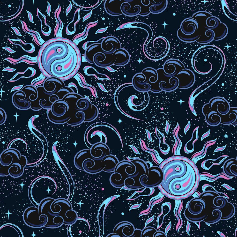 noite padronizar com Sombrio azul sol, ying yang símbolo, nuvens, estrela. místico surreal ilustração. vintage estilo. vetor