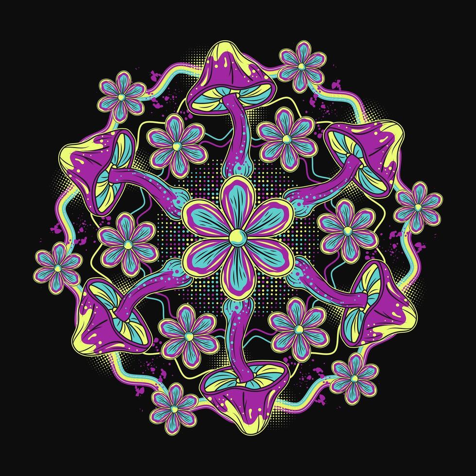 circular padronizar com fantasia Magia cogumelos, camomilas, ondulado linhas, meio-tom. brilhante incomum natureza dentro néon fluorescente cores. para fantasia, legal, hippie, místico, surreal Projeto vetor