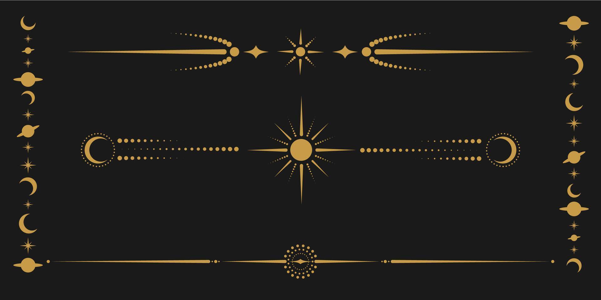 celestial dourado fronteira conjunto com estrelas, lua fases, crescentes e pontos. coleção do ornamentado brilhante mágico isolado clipart para místico decoração vetor