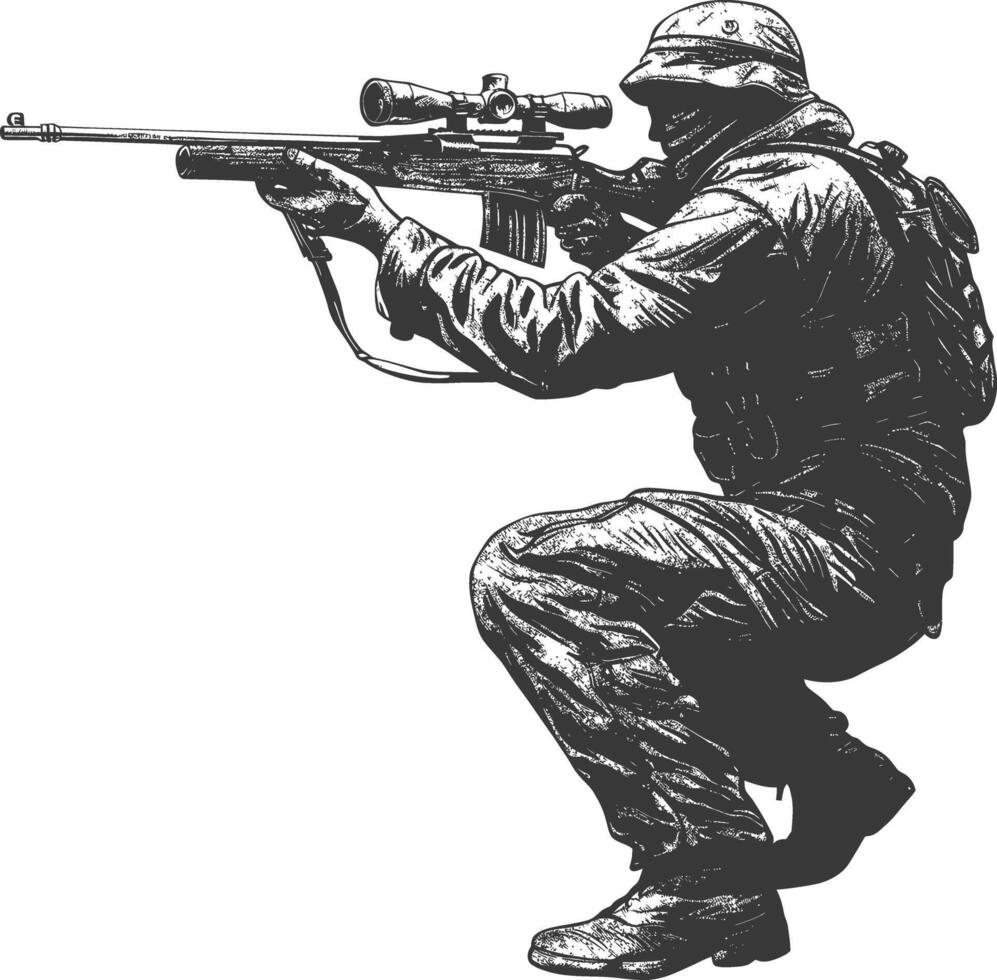 Franco atirador exército soldado dentro açao cheio corpo imagem usando velho gravação estilo vetor
