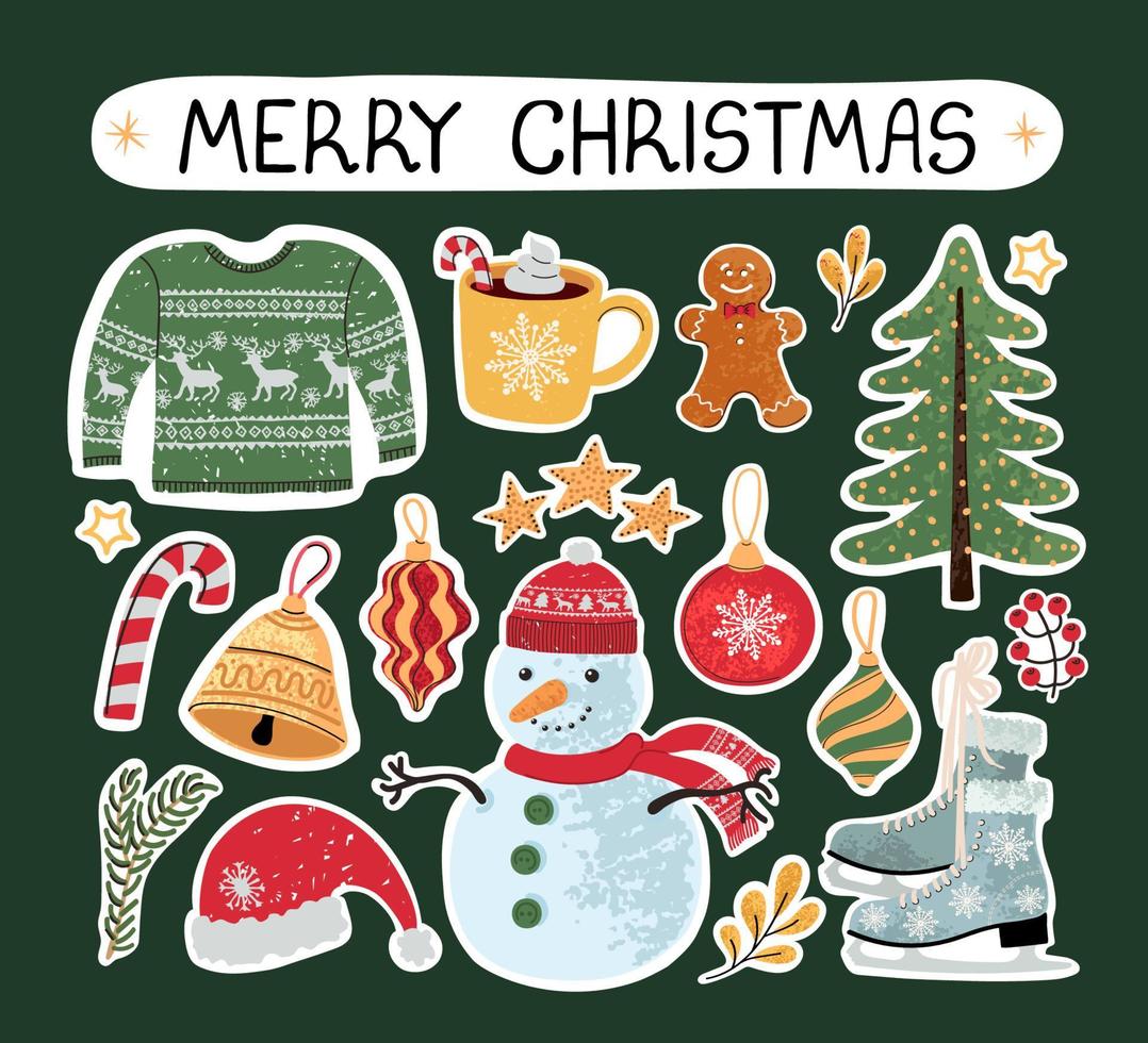 Vector conjunto colorido moderno com ilustrações de doodle desenhado à mão de objetos de Natal e letras, adesivos. usá-lo como elementos para cartões de design, cartaz, cartão, design de papel de embalagem