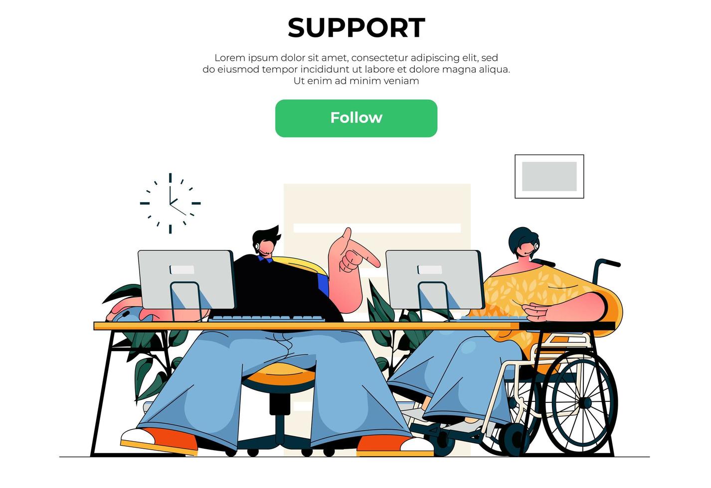 apoiar o conceito de banner da web. operadores atendem chamadas e mensagens de clientes, personagens pessoais trabalham em suporte técnico, template de landing page. ilustração vetorial com cena de pessoas em design plano vetor