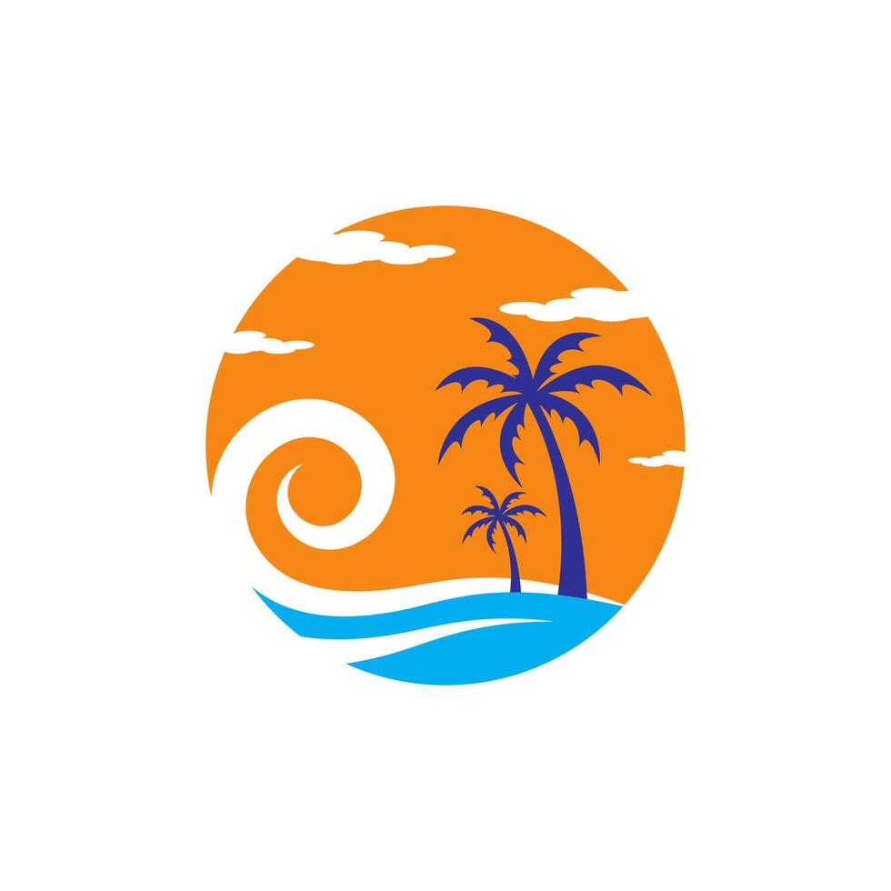 a de praia e verão logotipo projetos. pôr do sol de praia logotipo vetor