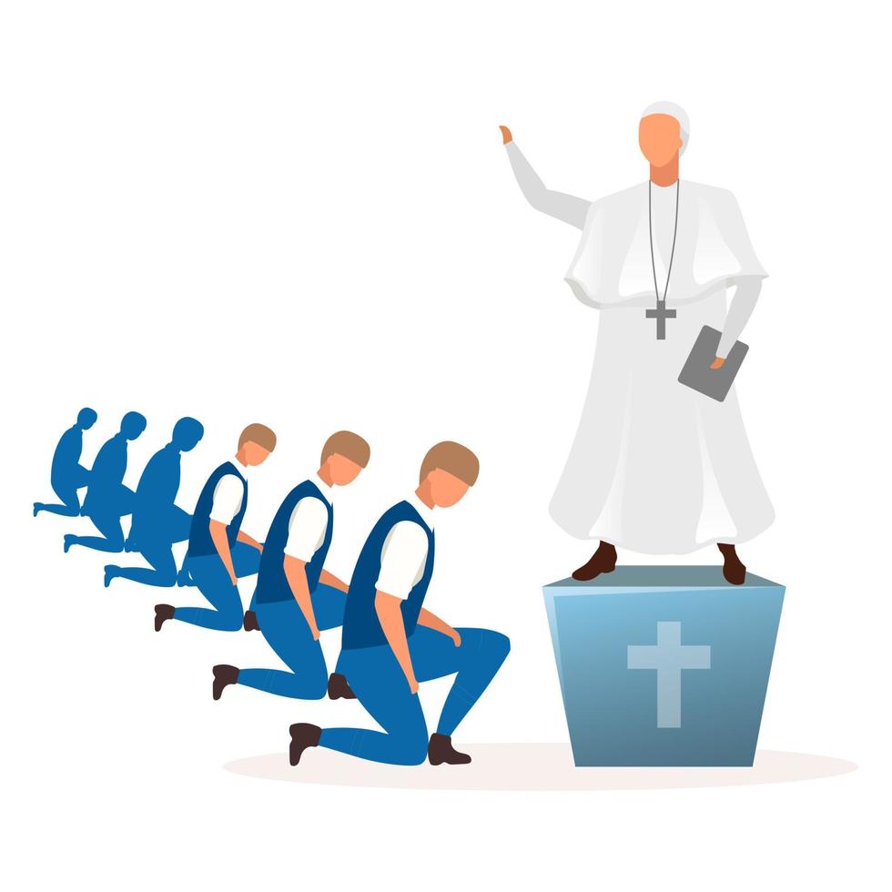 ilustração em vetor plana teocracia sistema político metáfora. regra da igreja, religião. orientação divina do estado. forma de governo. autoridade religiosa. personagens de desenhos animados do estado teocrático