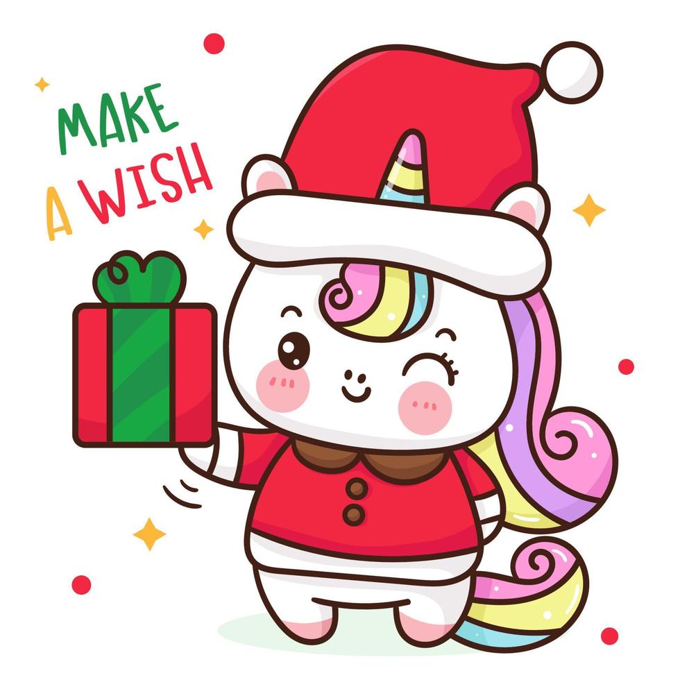 unicórnio papai noel com presente de natal desenho animado kawaii vetor