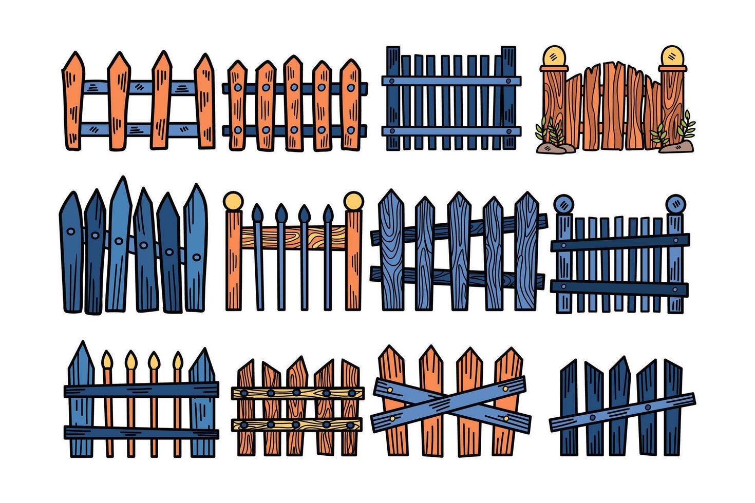 uma conjunto do de madeira cercas com uma variedade do desenhos e tamanhos vetor