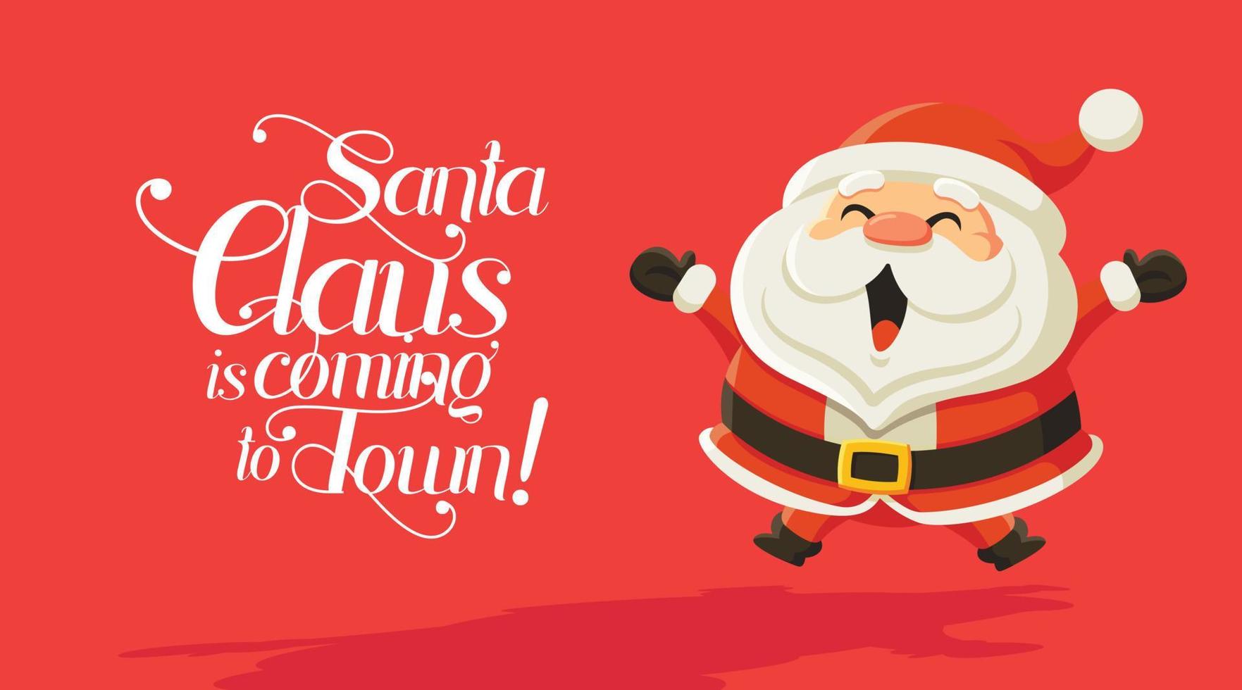 cartão de feliz natal. desenho animado Papai Noel pulando alegremente sobre um fundo vermelho com letras de caligrafia. para cartão de felicitações de natal e ano novo e uso de mídia social vetor
