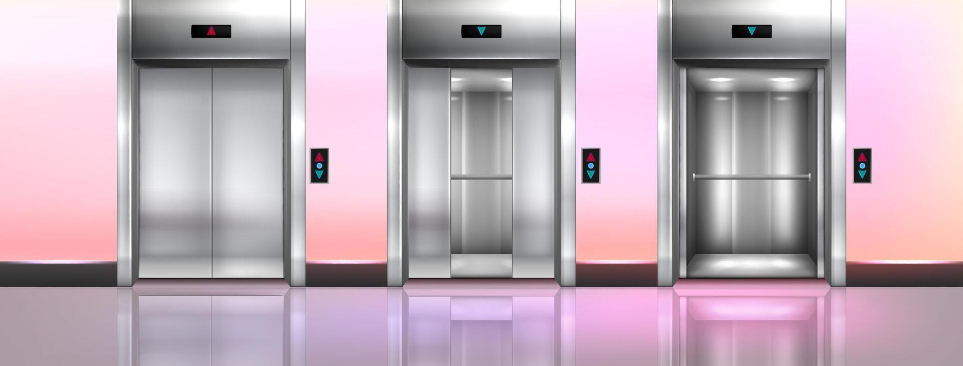 moderno passageiro elevador com botão painel em parede e lustroso chão. escritório corredor, esvaziar lobby interior com lift com abrir, metade fechadas e fechar metálico cabine portas realista ilustração vetor