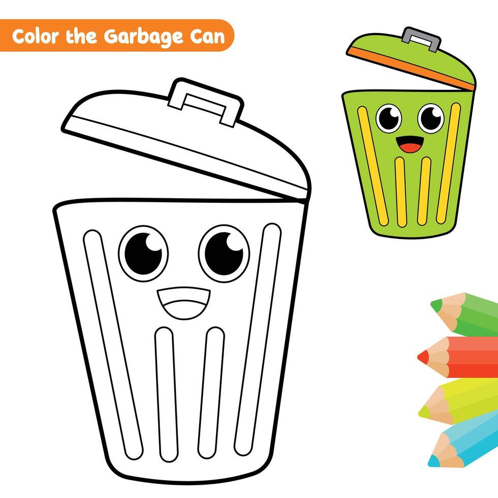 lixo pode coloração página para crianças com colorida desenhando vetor