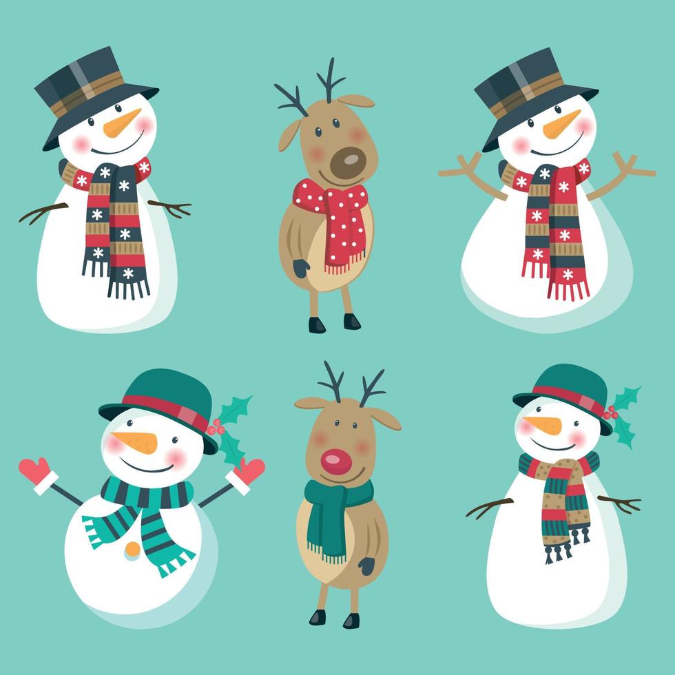 conjunto de desenhos animados de natal de bonecos de neve e veados vetor