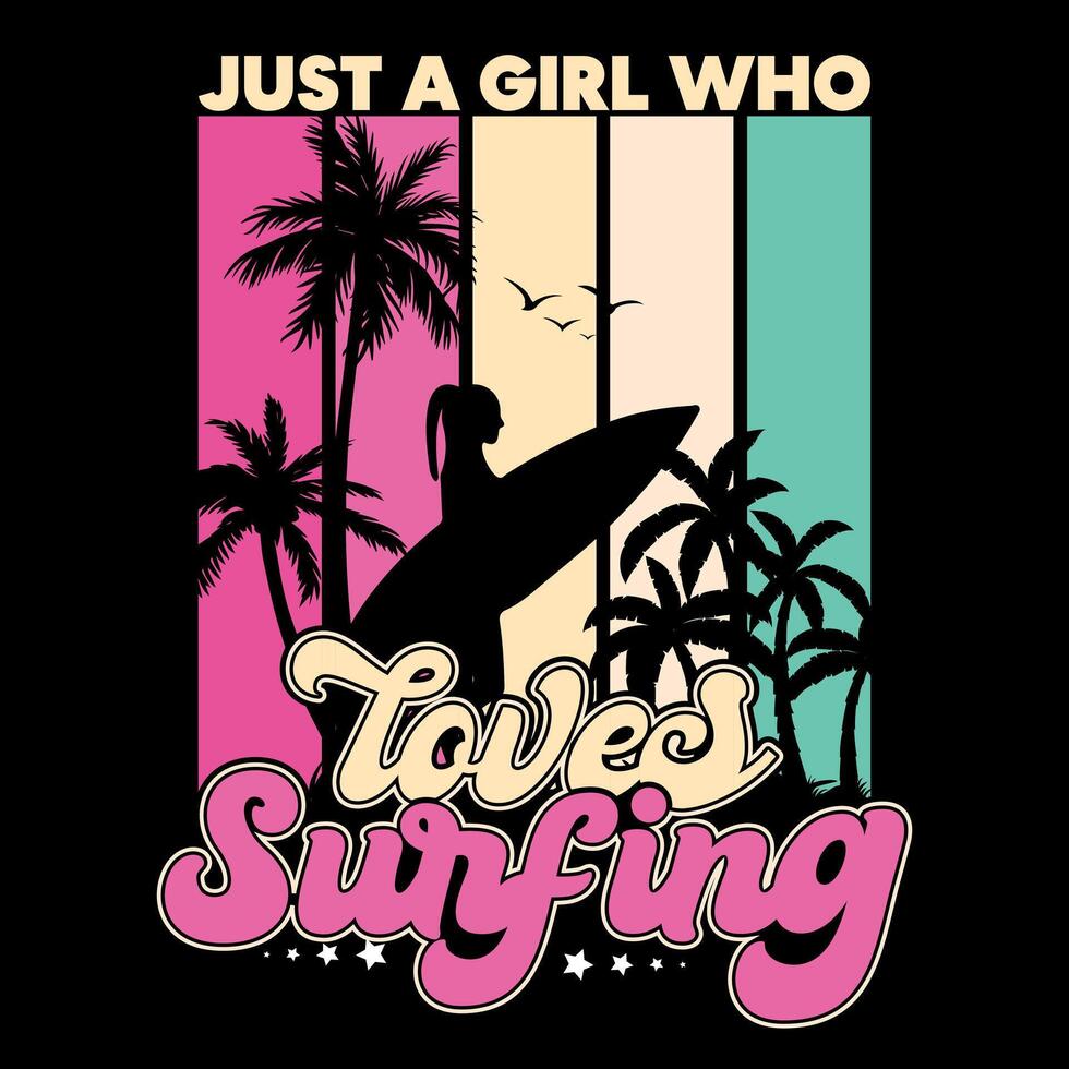 somente uma menina quem O amor é surf. retro vintage surfar camiseta projeto, cartazes, cumprimento cartões, têxteis, adesivo ilustração, bandeira, e presente vetor