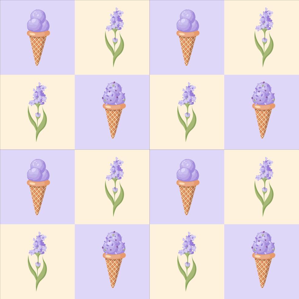 lavanda gelo creme. três colheres do cremoso doce sobremesa dentro uma waffle cone. roxa sorvete. desatado padronizar. ilustração. vetor