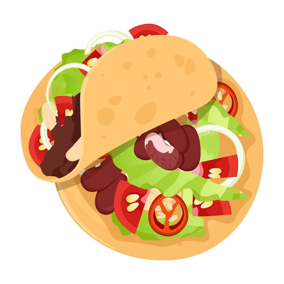 composição do uma enrolado taco com o preenchimento e a desembrulhado mexicano taco com feijões, alface, cebolas, tomates vetor