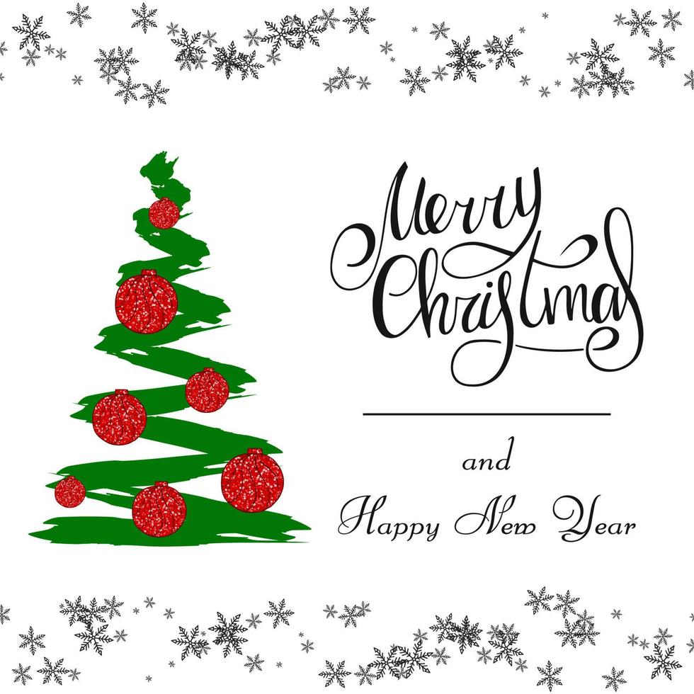 manuscrita letras feliz Natal e feliz ano novo 2022. árvore de Natal com bolas vermelhas cintilantes e tempestade de neve preta. fundo branco. vetor