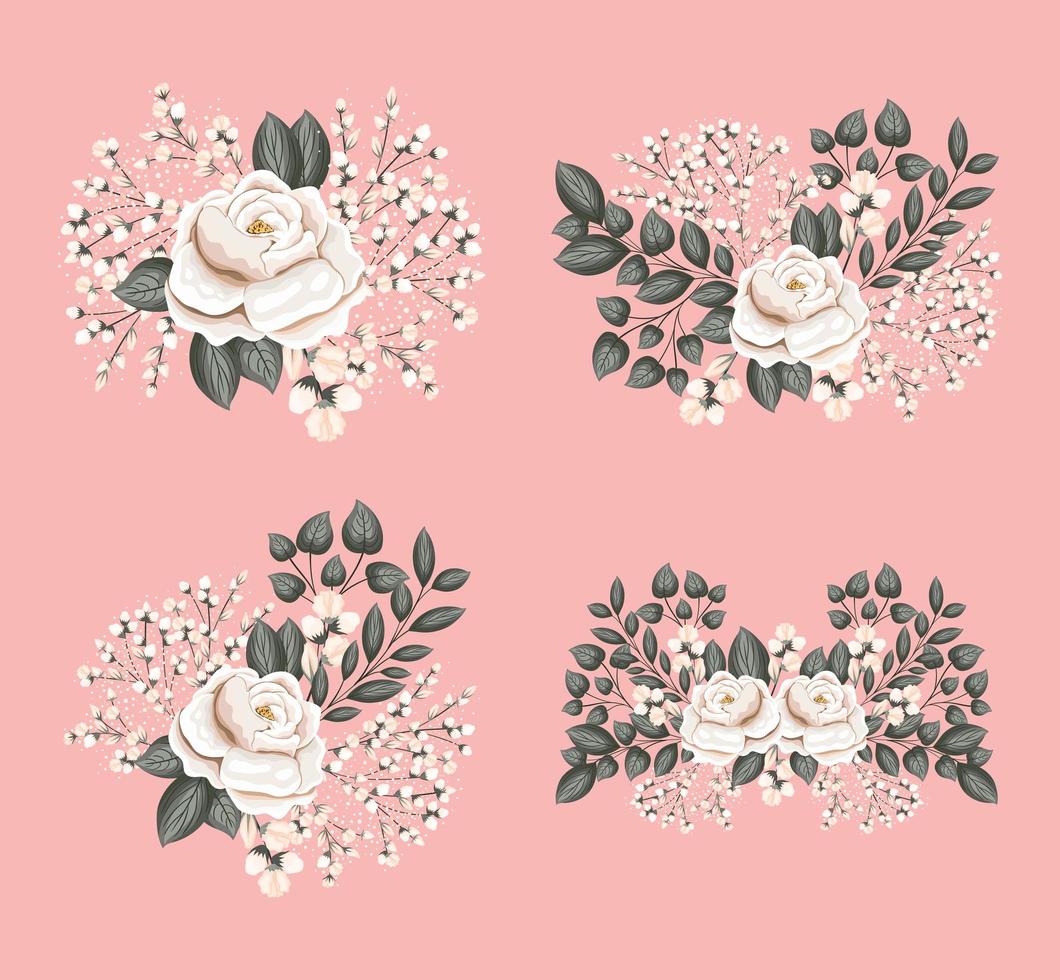 conjunto de flores rosas brancas com folhas pintando desenho vetorial vetor