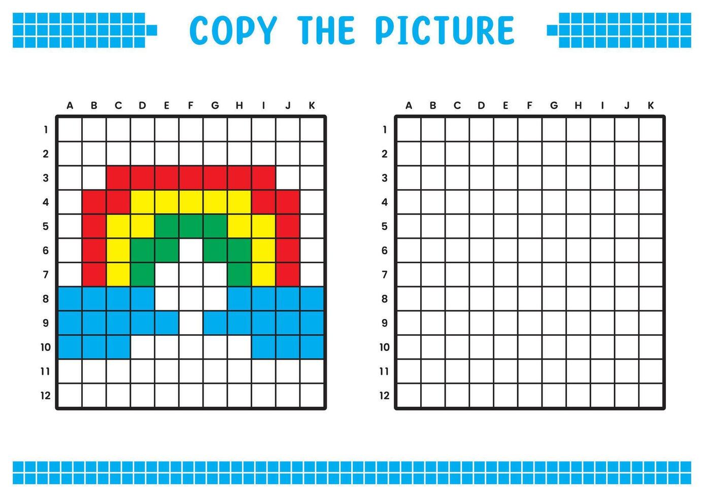 cópia de a foto, completo a rede imagem. educacional fichas de trabalho desenhando com quadrados, coloração célula áreas. crianças pré escola Atividades. desenho animado , pixel arte. arco Iris e nuvem ilustração. vetor