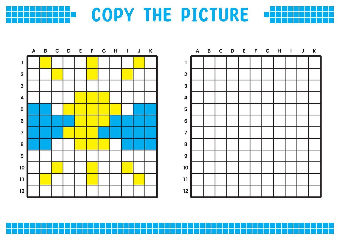 cópia de a foto, completo a rede imagem. educacional fichas de trabalho desenhando com quadrados, coloração célula áreas. crianças pré escola Atividades. desenho animado , pixel arte. nublado Sol ilustração. vetor