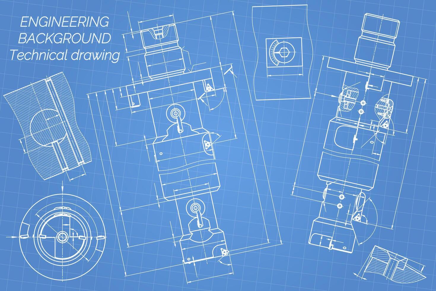 mecânico Engenharia desenhos em azul fundo. toque ferramentas, broca. técnico Projeto. cobrir. projeto. ilustração. vetor