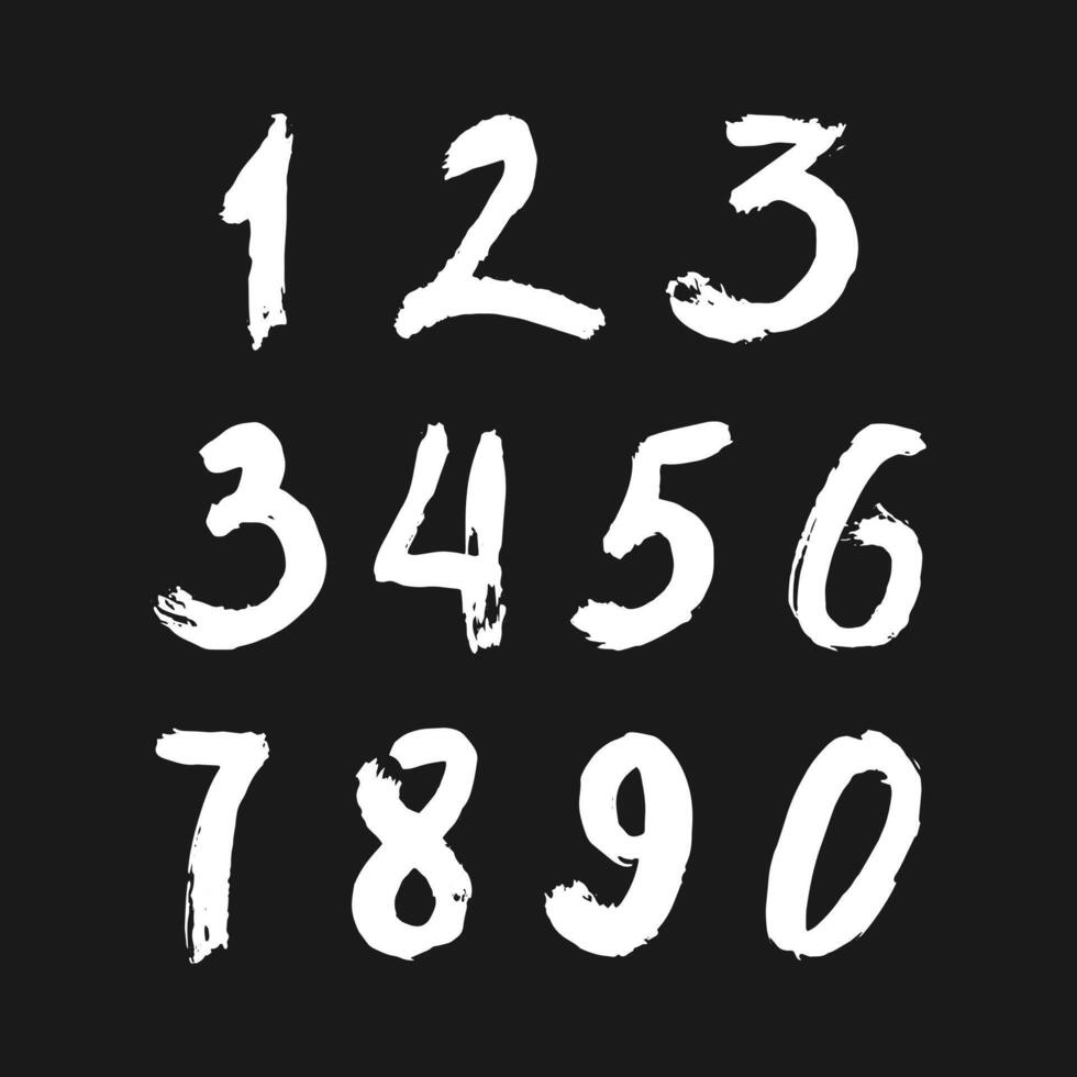 conjunto do caligráfico números pintado de branco escova em isolado Preto fundo. letras para seu Projeto. ilustração. vetor