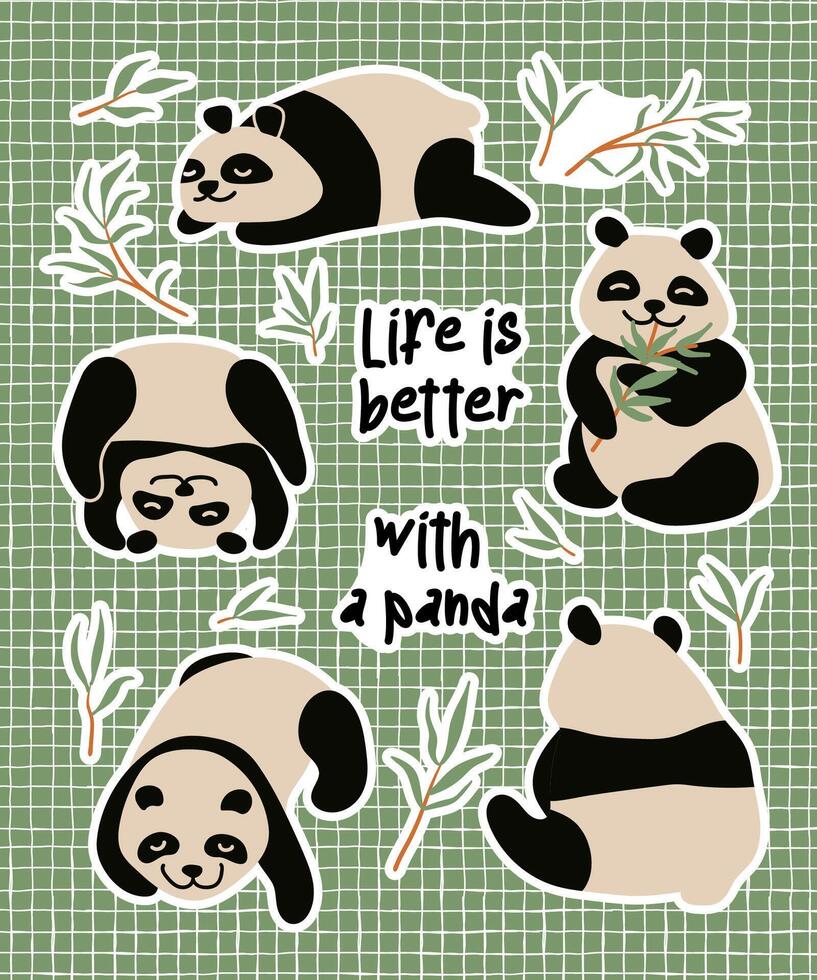 panda e bambu adesivo definir. plano, desenho animado ilustração vetor