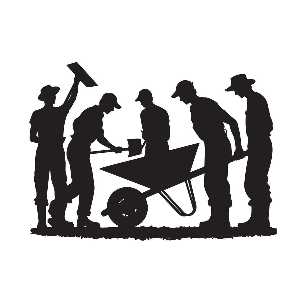pessoas usando carrinho de mão, construção trabalhador empurrando carrinho de mão silhueta, vetor