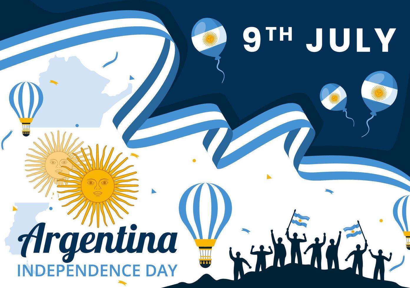 feliz Argentina independência dia ilustração em 9º do Julho com acenando bandeira e fita dentro plano desenho animado celebração fundo Projeto vetor