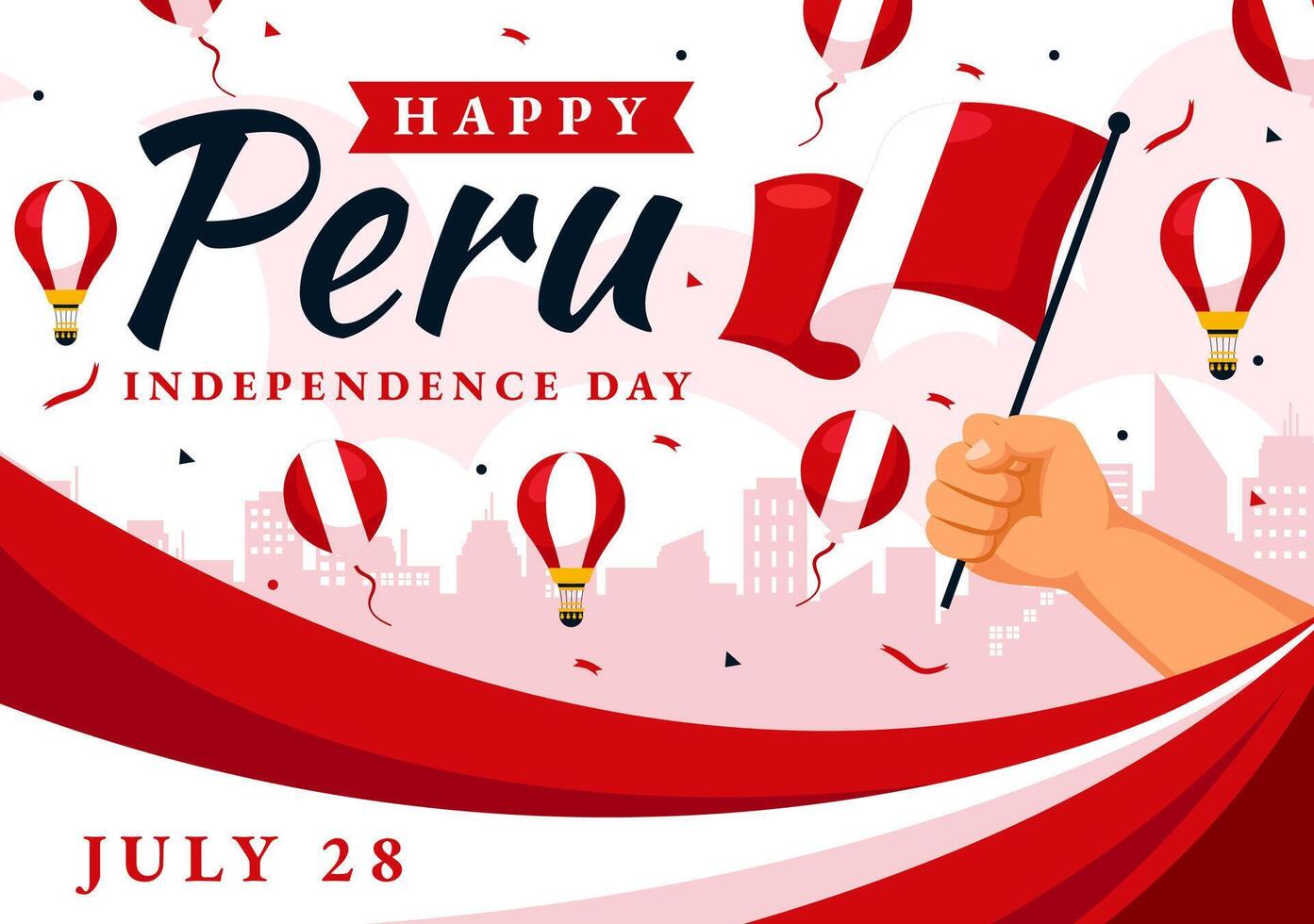 feliz Peru independência dia ilustração em Julho 28 com acenando bandeira e fita dentro nacional feriado plano desenho animado fundo Projeto vetor