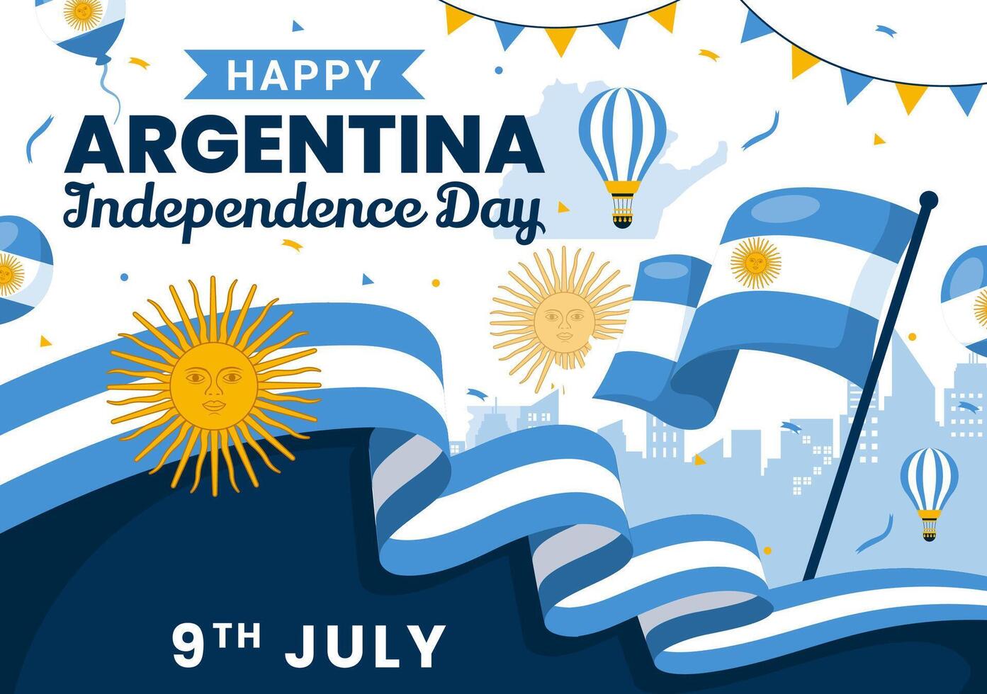 feliz Argentina independência dia ilustração em 9º do Julho com acenando bandeira e fita dentro plano desenho animado celebração fundo Projeto vetor