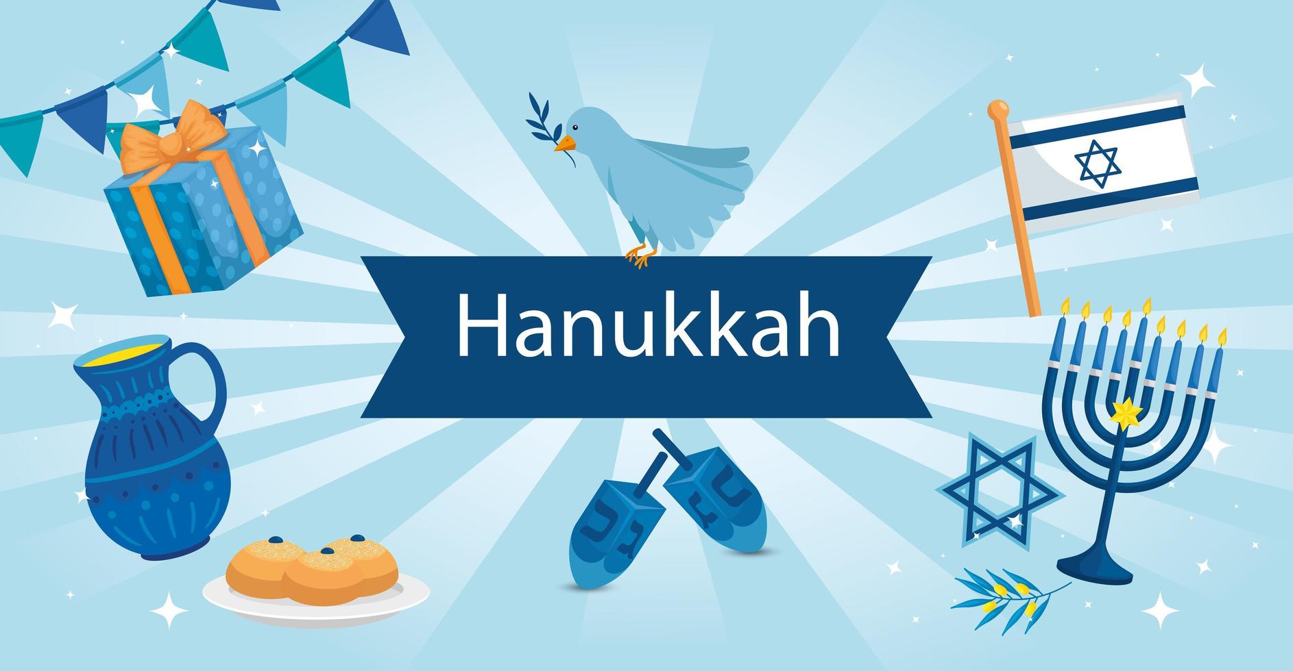 feliz hanukkah com fita e ícones vetor