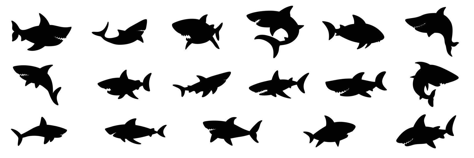 grande coleção do Tubarão silhueta. mão desenhado arte. vetor