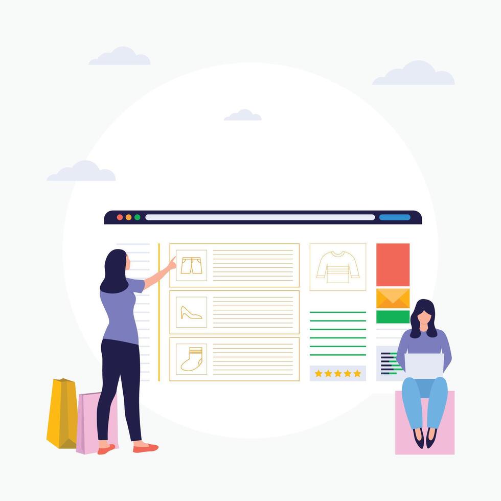 local na rede Internet compras. mulher Comprar coisas dentro a conectados loja plano ilustração vetor