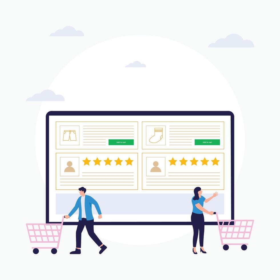 consumidor visualizar, escolher e Comprar moda Itens em comércio eletrônico Mercado em computador tela plano ilustração vetor