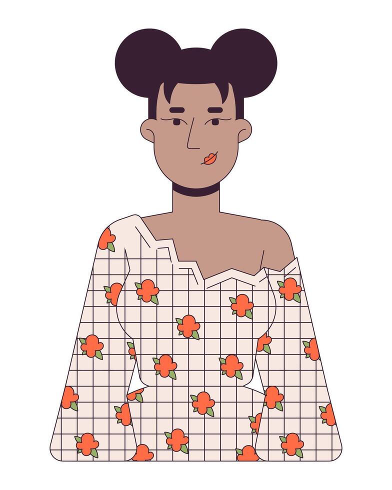 Preto mulher vestindo blusa com floral padronizar 2d linear desenho animado personagem. lindo fêmea isolado linha pessoa branco fundo. à moda jovem modelo cor plano local ilustração vetor