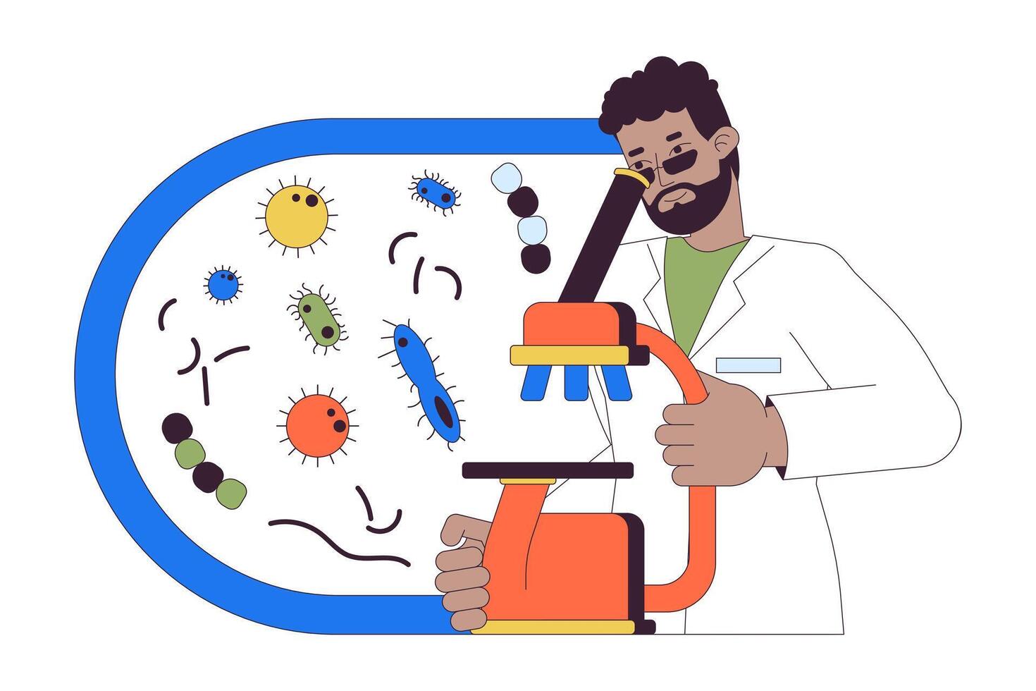 cientista estudando bactéria através da microscópio 2d linear desenho animado personagem. médico laboratório assistente isolado linha pessoa branco fundo. micro biologia Ciência cor plano local ilustração vetor