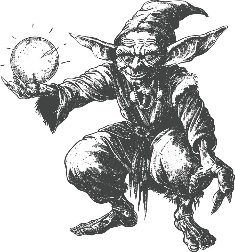 goblin mago ou necromante com mágico esfera imagens usando velho gravação estilo vetor