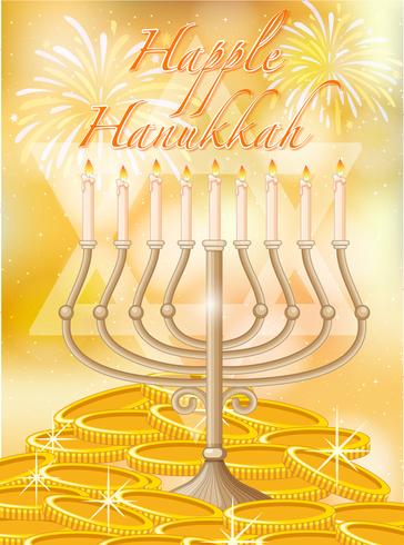 Feliz Hanukkah com velas e ouro vetor