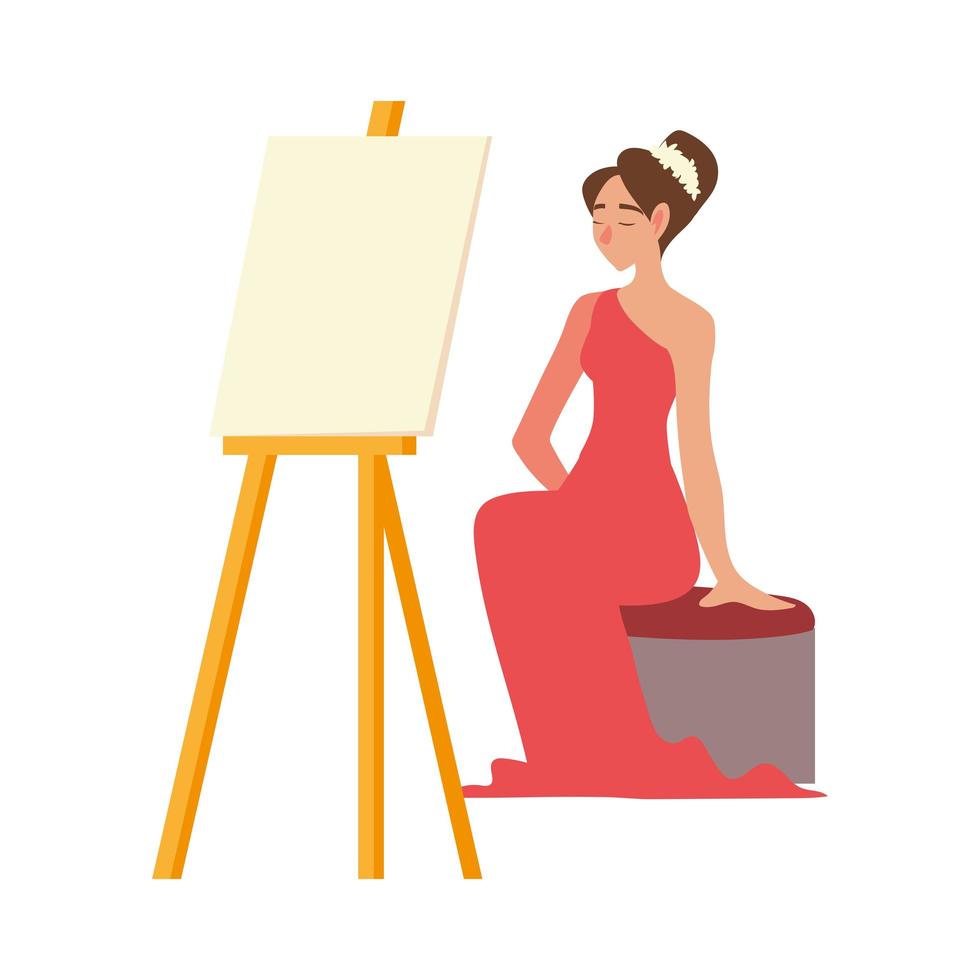 modelo feminina sentada em um vestido vermelho com tela no cavalete vetor